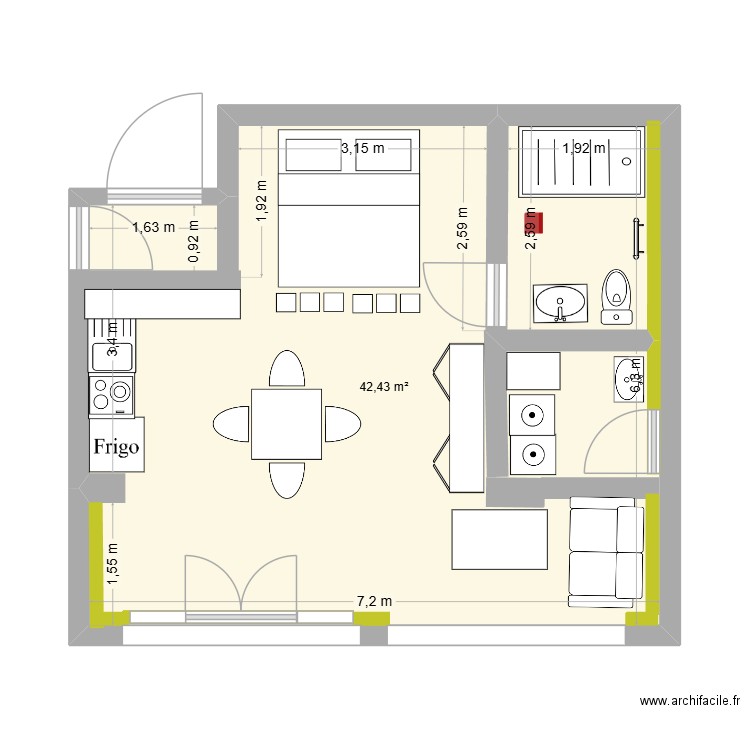 studio 2. Plan de 1 pièce et 42 m2