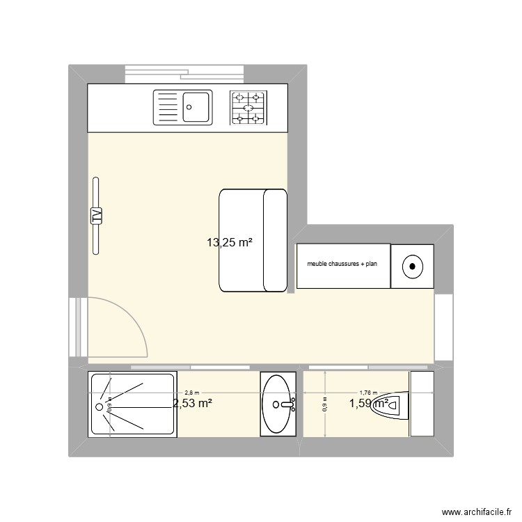 agrandissement. Plan de 3 pièces et 17 m2