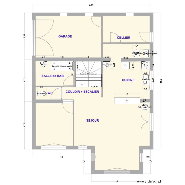 Rez de chaussée Min. Plan de 1 pièce et 94 m2