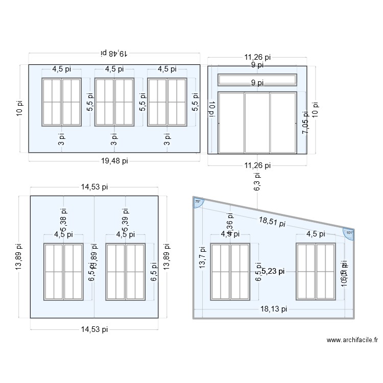 facades. Plan de 1 pièce et 20 m2