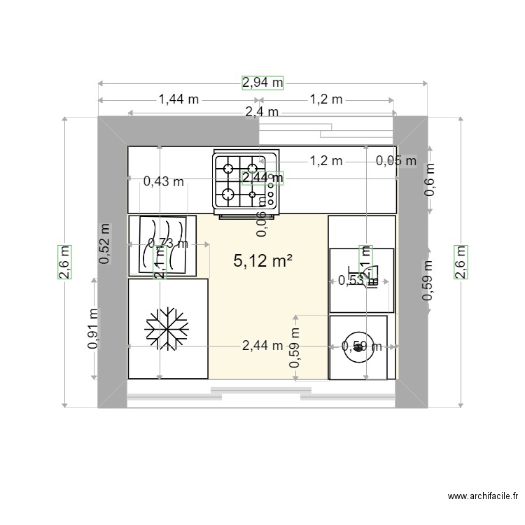 plan cuisine. Plan de 1 pièce et 5 m2