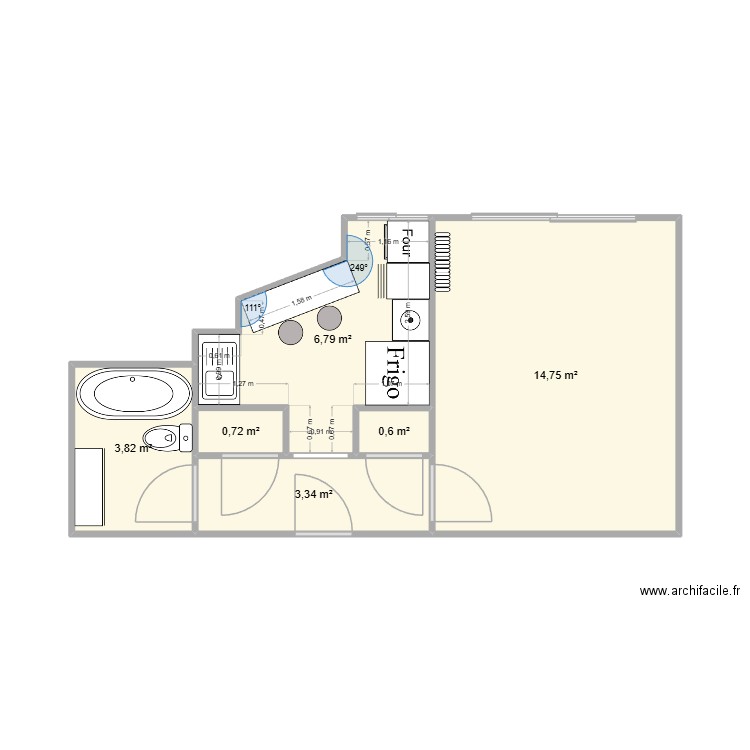 studio. Plan de 6 pièces et 30 m2