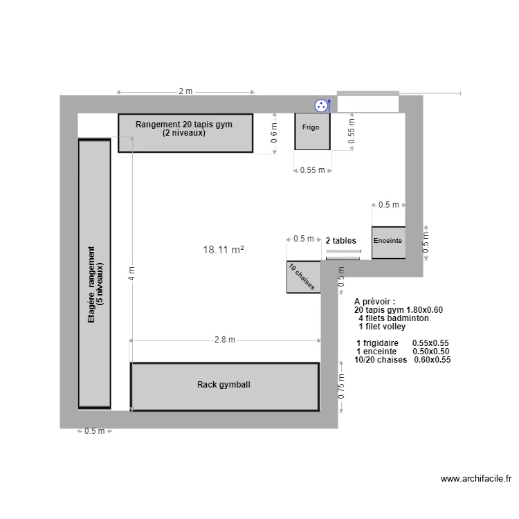 Salle Multi - Rengement 2. Plan de 1  et 18 m²