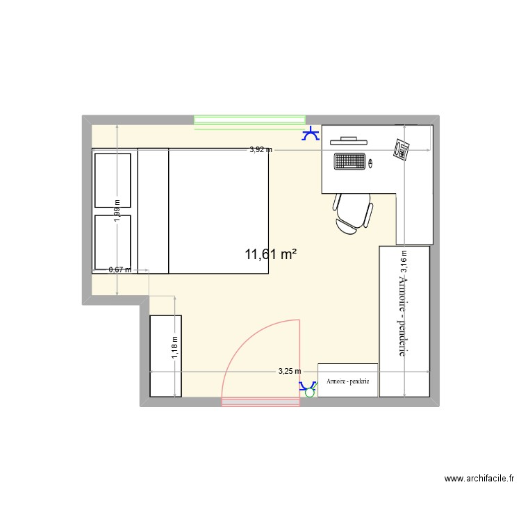 Chambre Manon possibilité 2. Plan de 1 pièce et 12 m2