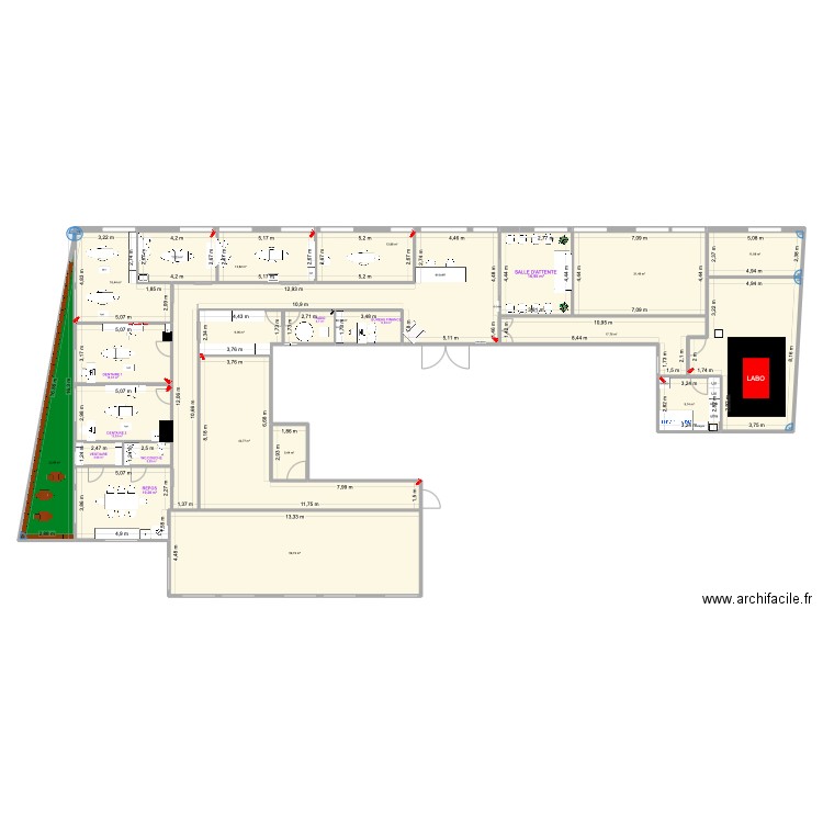 Cabinet-V salle d'attente V2. Plan de 23 pièces et 452 m2