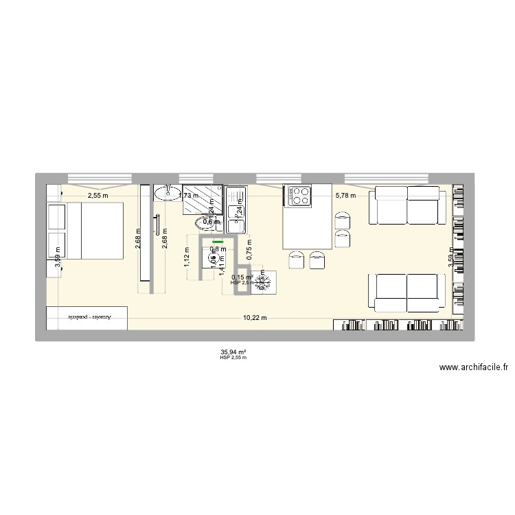 plan aménagé. Plan de 2 pièces et 36 m2