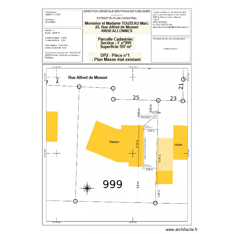 DP2 - Pi&egrave;ce n&deg;1 -Plan Masse &eacute;tat existant &eacute;chelle 1/200&egrave;me -  Marc et Martine. Plan de 