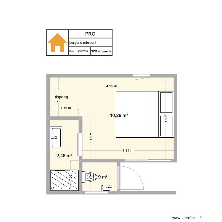 SDB CH1. Plan de 3 pièces et 14 m2