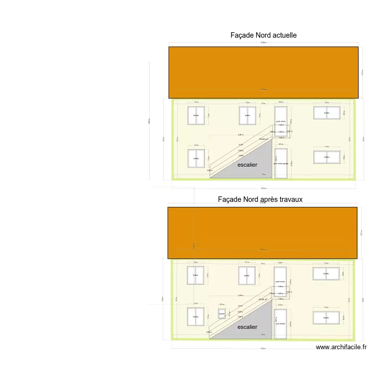 Plan de facade nord. Plan de 2  et 148 m²