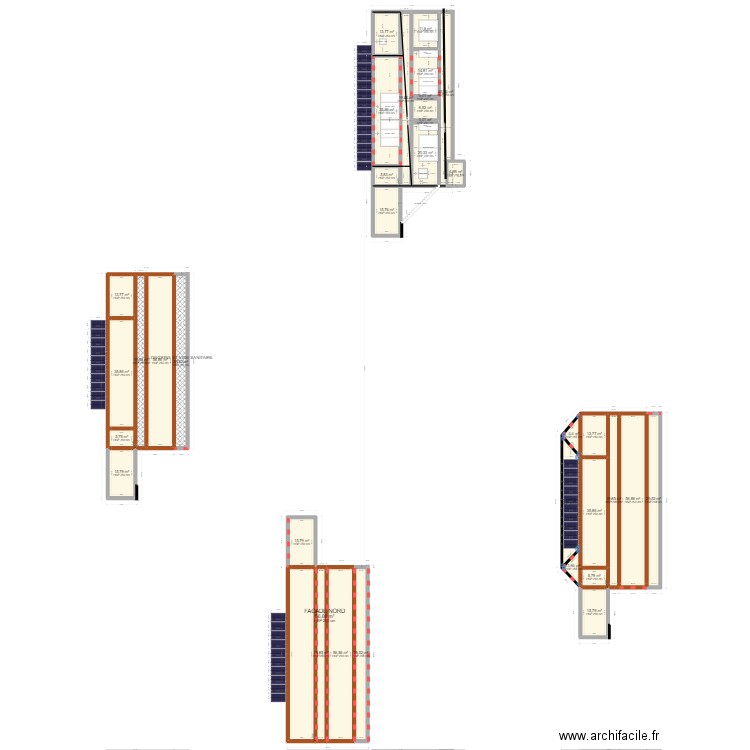 Façade sud. Plan de 35 pièces et 728 m2