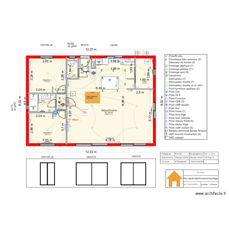 SCI CALA - PLANS ELEC/PLOMB/CHAUFFAGE RDC MAMAN - N°4 - 2025. Plan de 9 pièces et 92 m2