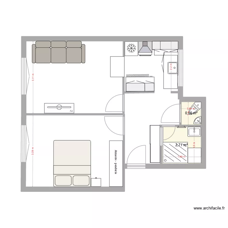 2 pi&egrave;ces. Plan de 2 Pièces et 4 m²