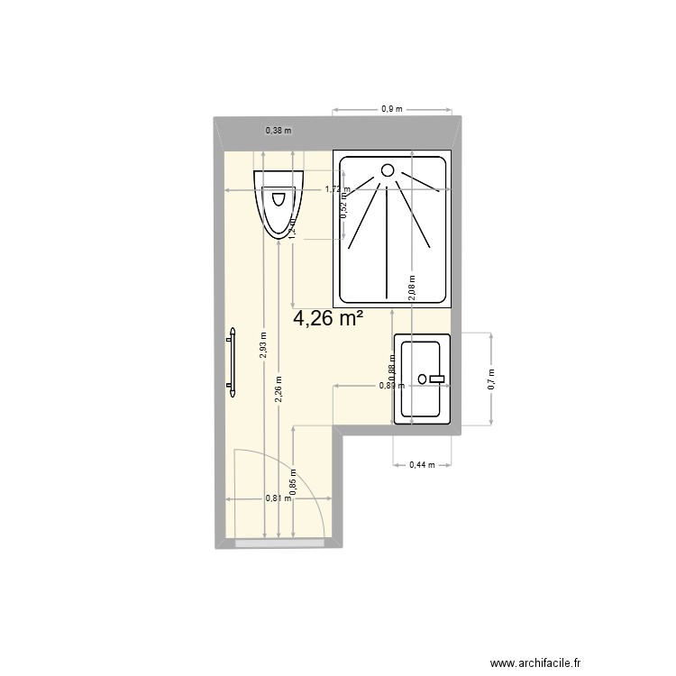 salle de bain finale. Plan de 1 pièce et 4 m2