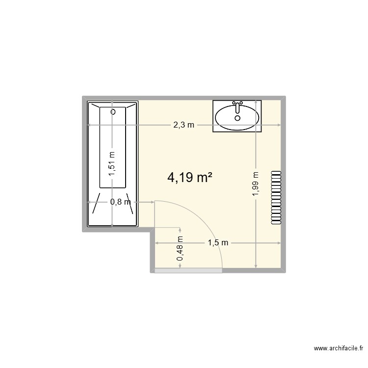 salle de bain Hugo avec éléments. Plan de 1 pièce et 4 m2