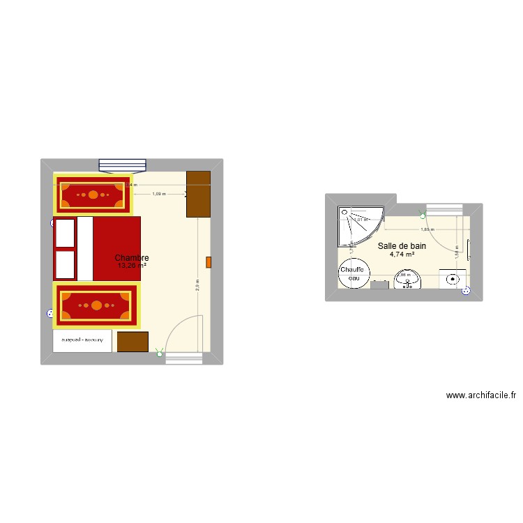 Chambre à coucher et salle de bain. Plan de 2 pièces et 18 m2