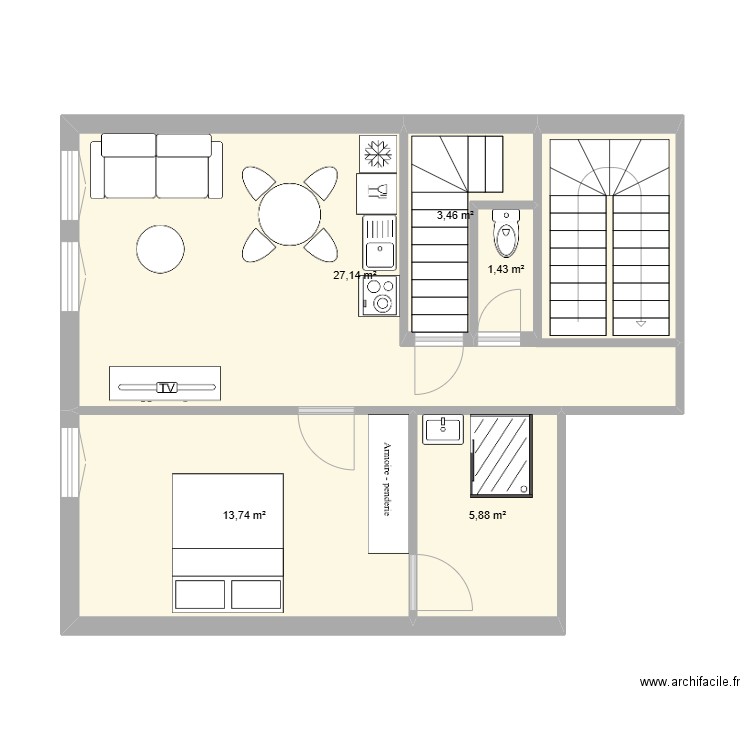 AirBnb. Plan de 5 pièces et 52 m2
