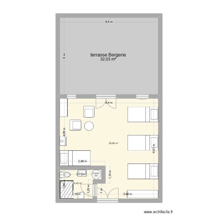 Fleury Maison 1 bergerie rez de chaussée projet 01. Plan de 3 pièces et 72 m2
