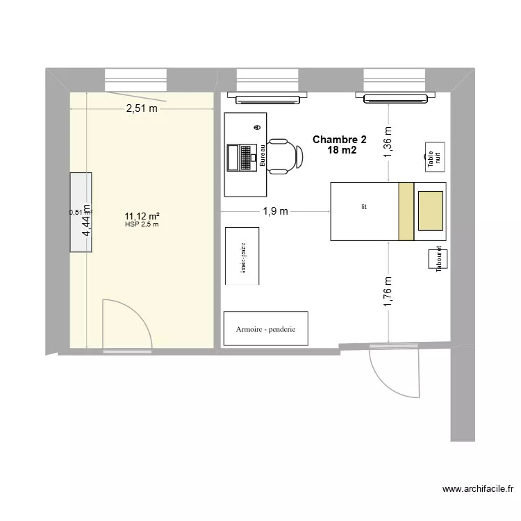 etage1chambre2. Plan de 1  et 11 m²