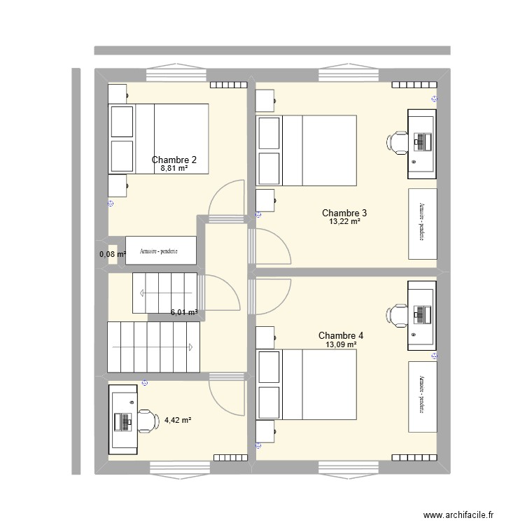 2em etage. Plan de 6 pièces et 46 m2