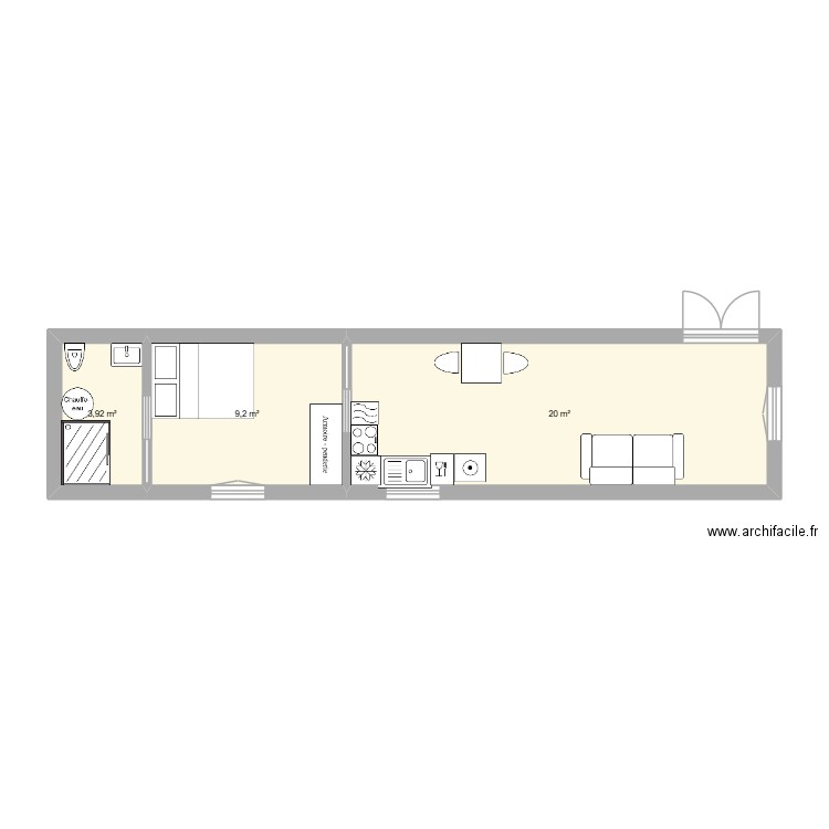 appenti. Plan de 3 pièces et 33 m2