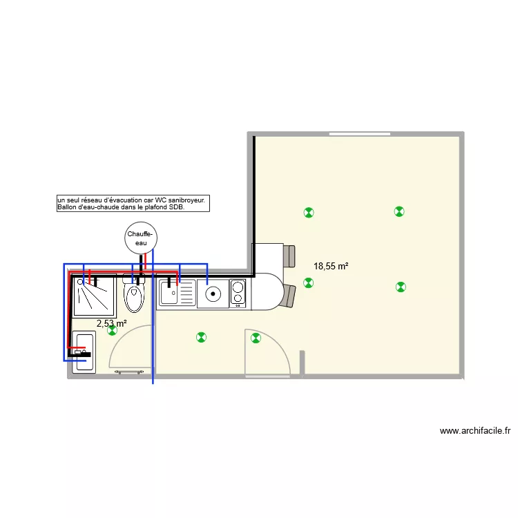 Studio projet 2 plomberie. Plan de 2  et 21 m²