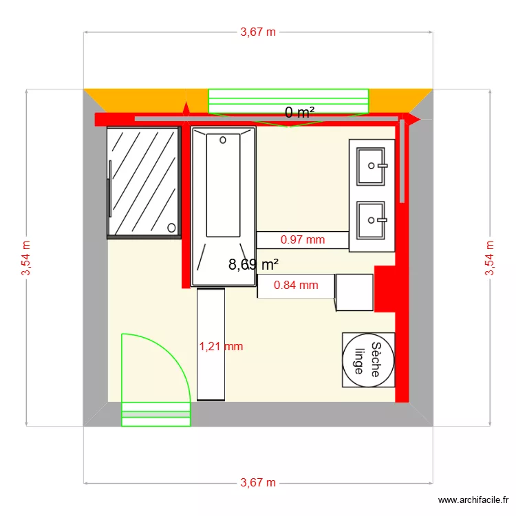 Salle de bain &agrave; l\'&eacute;tage. Plan de 2  et 9 m²