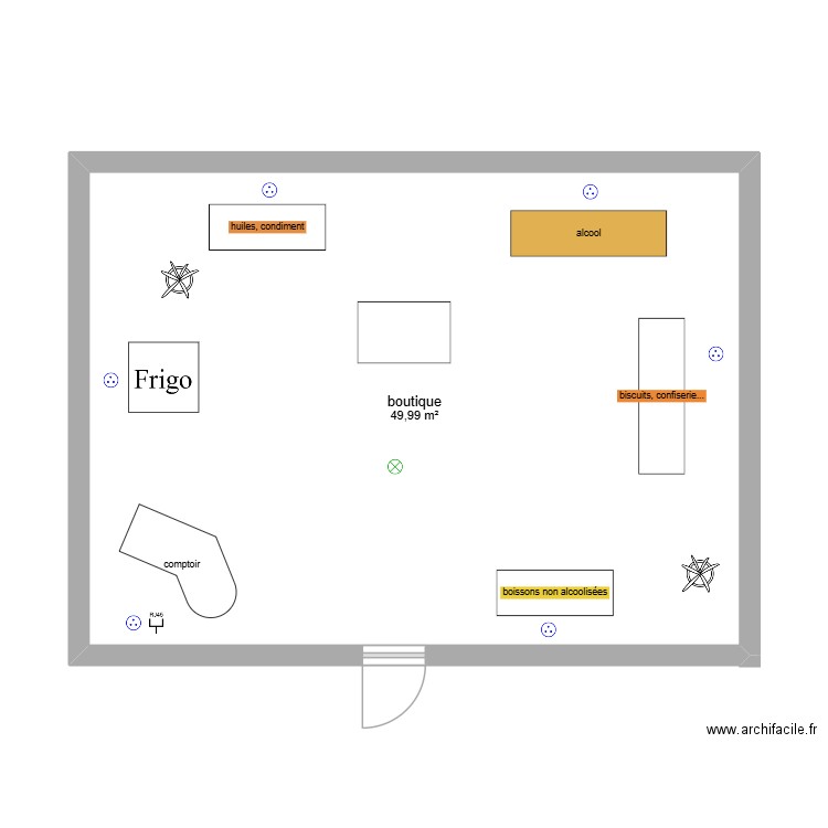 épicerie. Plan de 1 pièce et 50 m2