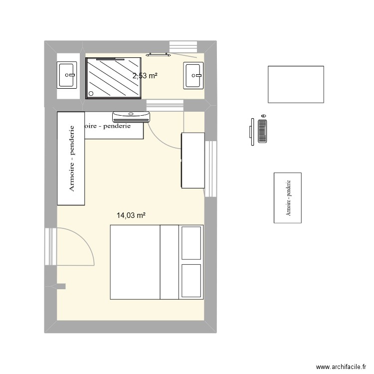 chambre v2. Plan de 2 pièces et 17 m2