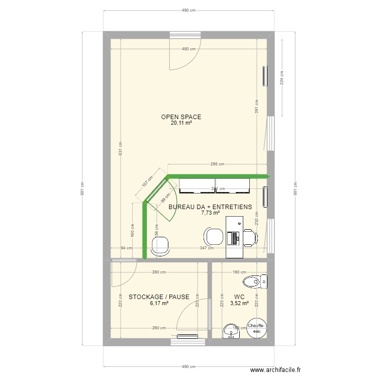 BUREAUX OASIS. Plan de 4 pièces et 38 m2