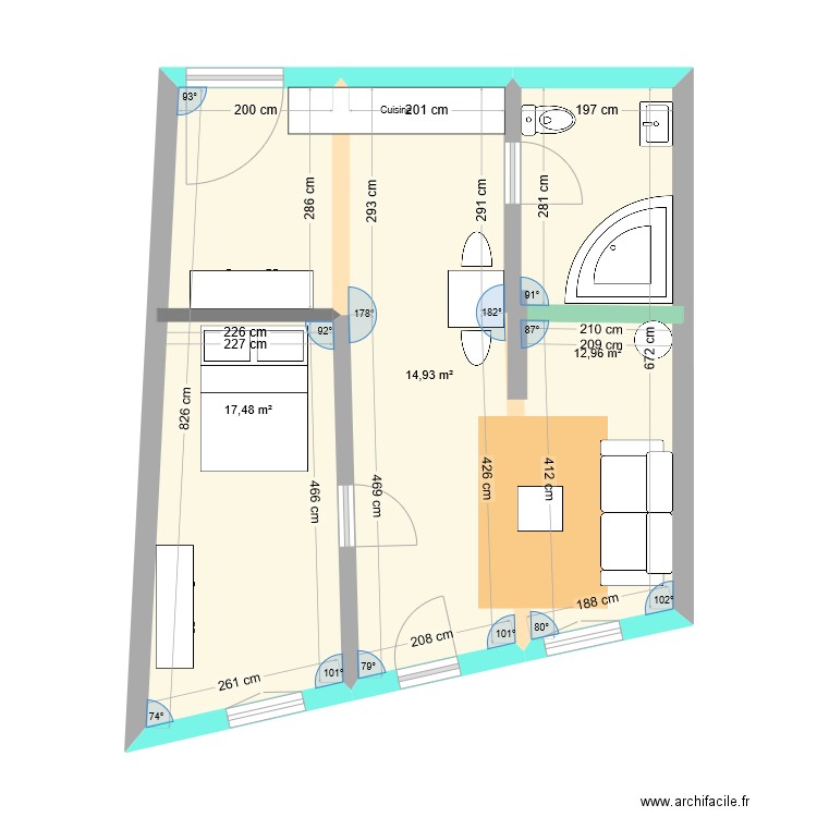plan appart 45m2 n-1. Plan de 3 pièces et 45 m2