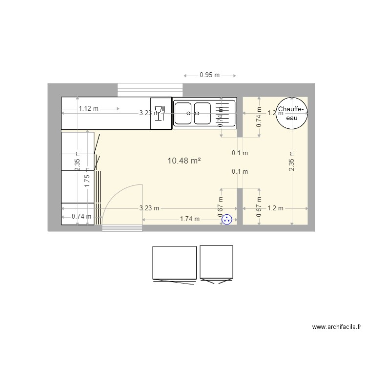 Cuisine projet 3. Plan de 1 pièce et 10 m2