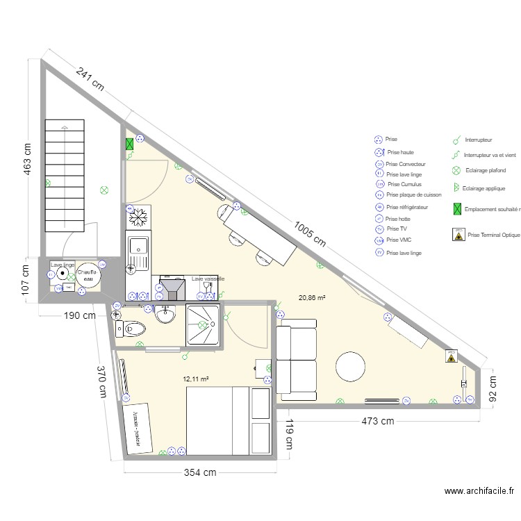 Maldoyenne 1er - elec + communs. Plan de 3 pièces et 34 m2