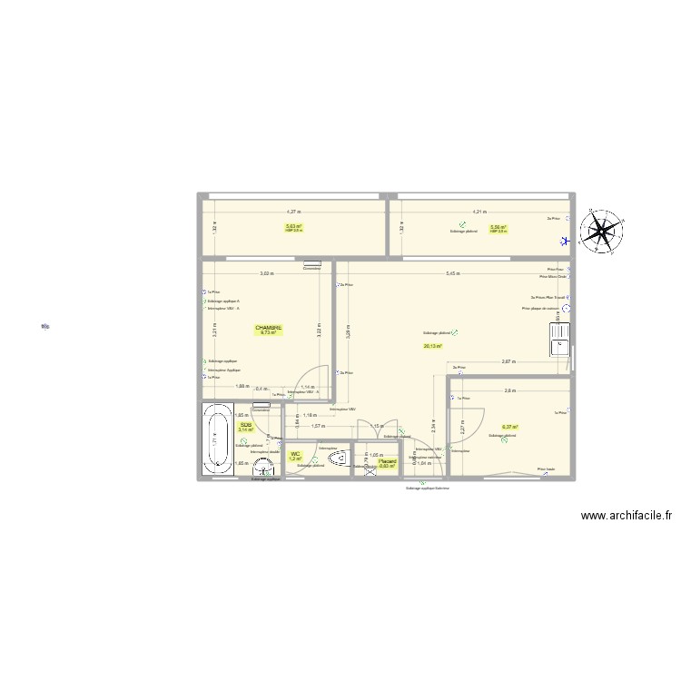 Plan Origine ELEC / Plomberie. Plan de 8 pièces et 53 m2
