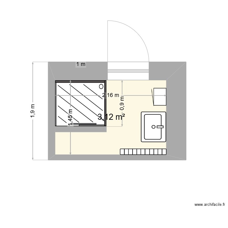 sdb mourdreux 90x100. Plan de 1 pièce et 3 m2