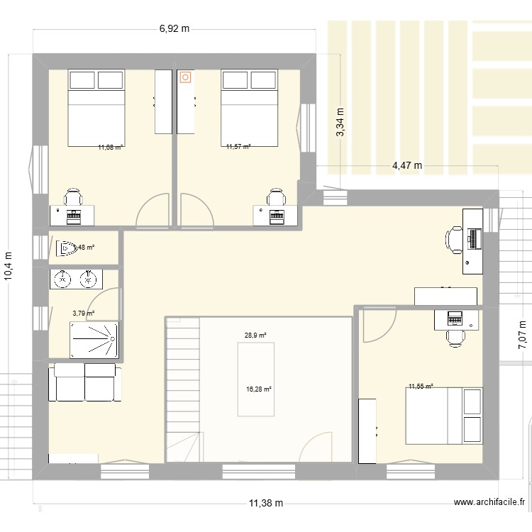 20-10 en L cuisine à droite dressing inversé. Plan de 15 pièces et 276 m2