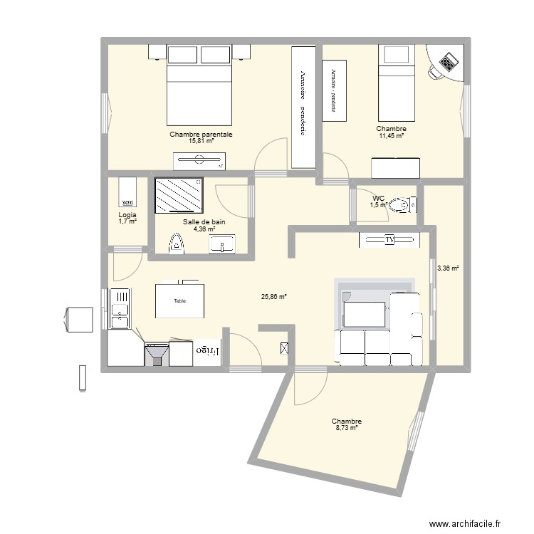 Appart Hichem Ameublement. Plan de 8 pièces et 73 m2