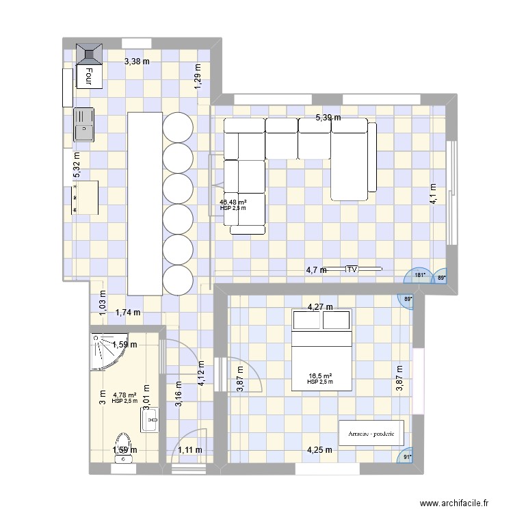 studio. Plan de 3 pièces et 68 m2