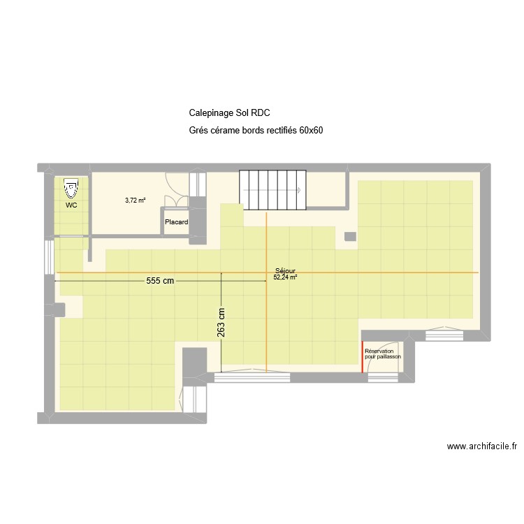70 Joinville RDC Calepinage 60x60. Plan de 6 pièces et 58 m2