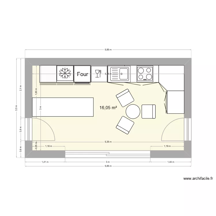 cuisine Gimnée aménagée. Plan de 1 Pièce et 16 m² cuisine Gimnée aménagée. Plan de 1 Pièce et 16 m²