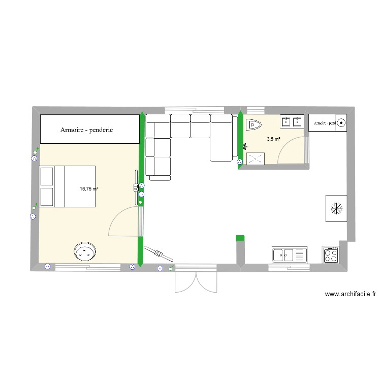 ستوديو. Plan de 2 pièces et 20 m2