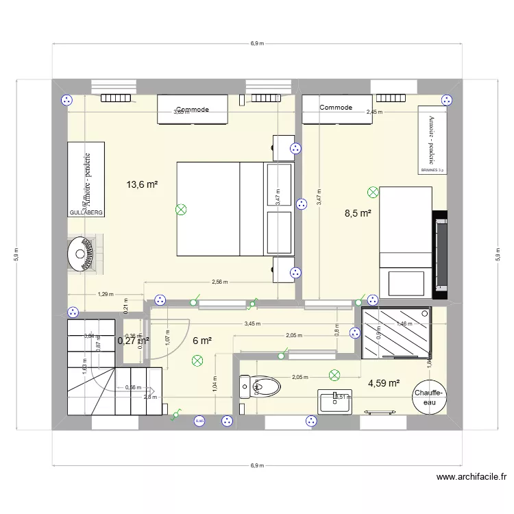 Etage Droite V2. Plan de 5  et 33 m²