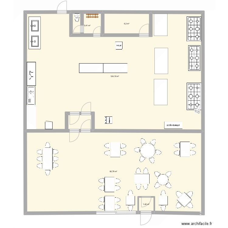 plan restaurant et cuisine Hugo hallier. Plan de 5 pièces et 228 m2