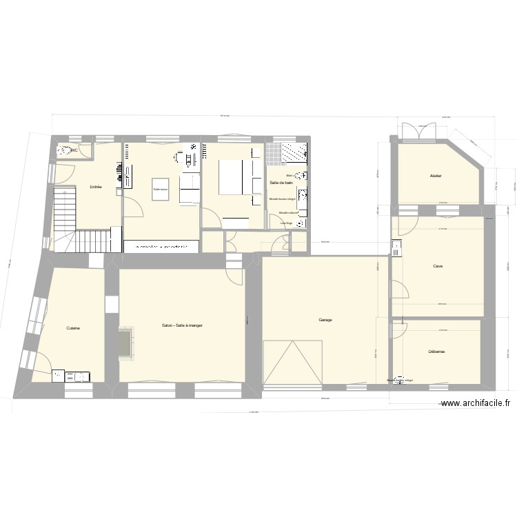 Salle de Bains RDC projet v1. Plan de 17 pièces et 216 m2