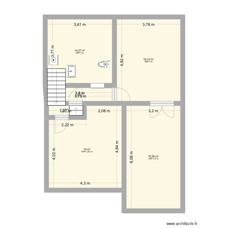 Appart 2e etage. Plan de 6 pièces et 75 m2