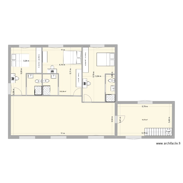 93 BP R+1 Plan de modif 1.1. Plan de 2 pièces et 123 m2