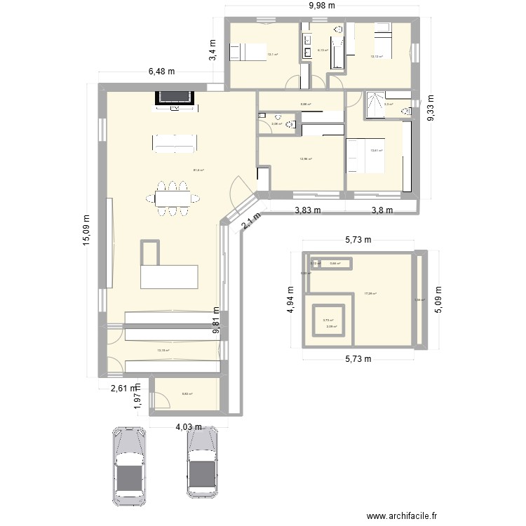 Poulailler. Plan de 18 pièces et 198 m2