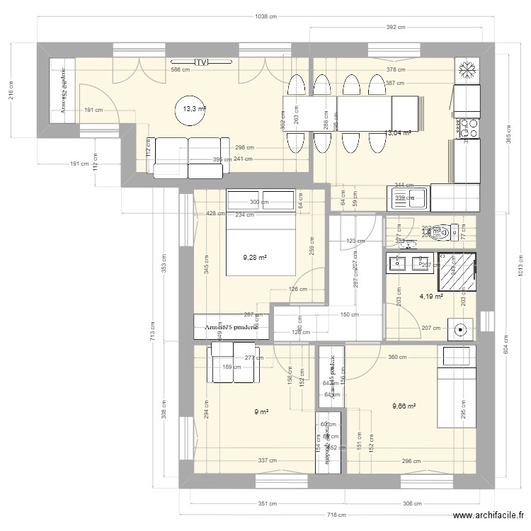 Projet extension. Plan de 7 pièces et 60 m2