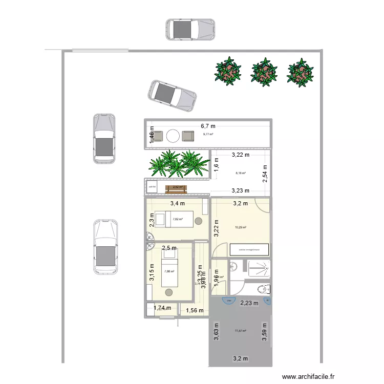 maison Pirae am&eacute;n&eacute;g&eacute;. Plan de 10  et 65 m²