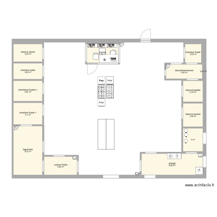cuisine  collectivité. Plan de 14 pièces et 54 m2