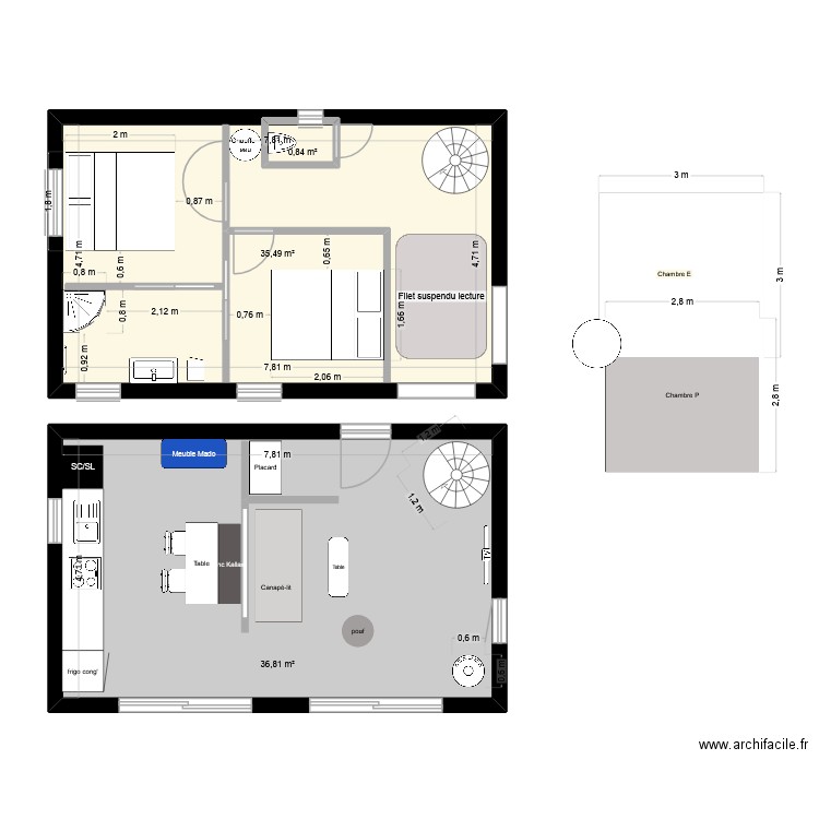 1er etage bis. Plan de 3 pièces et 74 m2